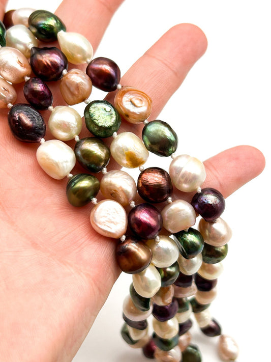 Vintage Hand Knotted Cultured Freshwater Pearl Necklace Multicolour Baroque 23”
