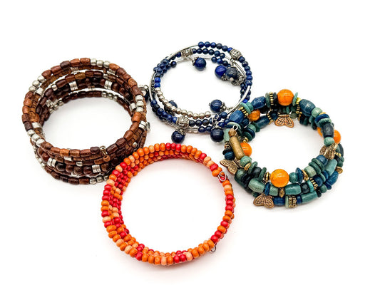 Boho Memory Wire Bracelet Bundle Set 4 Lapis Lazuli Wood Beaded Stack Bracelets