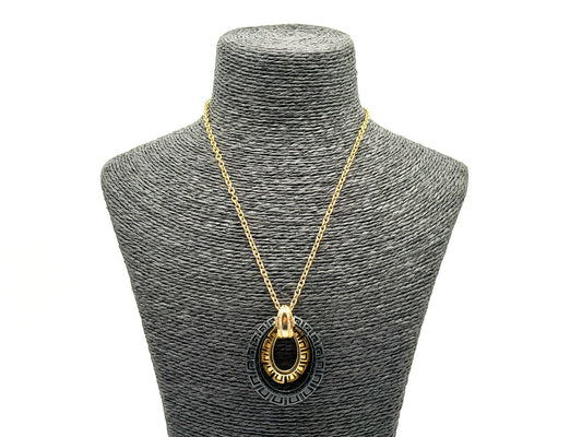 Vintage Black Gold Tone Greek Key Statement Necklace Oval Pendant 17” Geometric