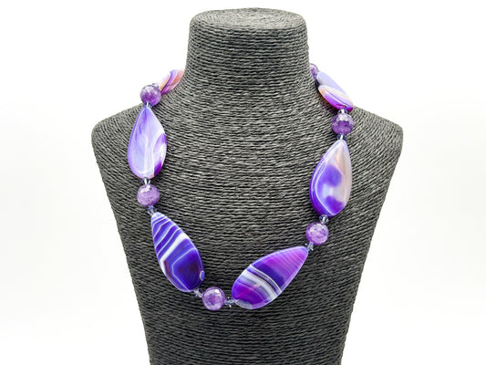 Chunky Amethyst & Purple Banded Agate Gemstone Necklace Faceted Crystal Beads