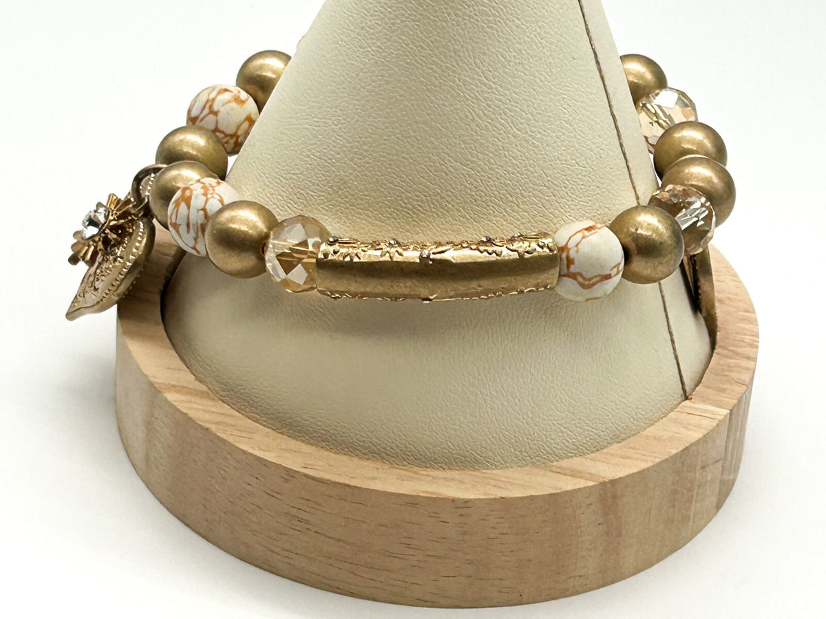 Signed Bibi Bijoux Ornate Heart Charm Bracelet Gold Tone Crystal Marble Stretch