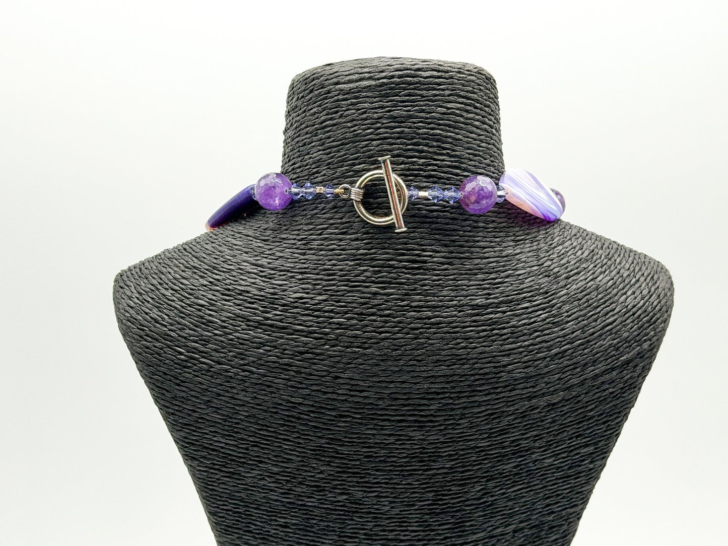 Chunky Amethyst & Purple Banded Agate Gemstone Necklace Faceted Crystal Beads