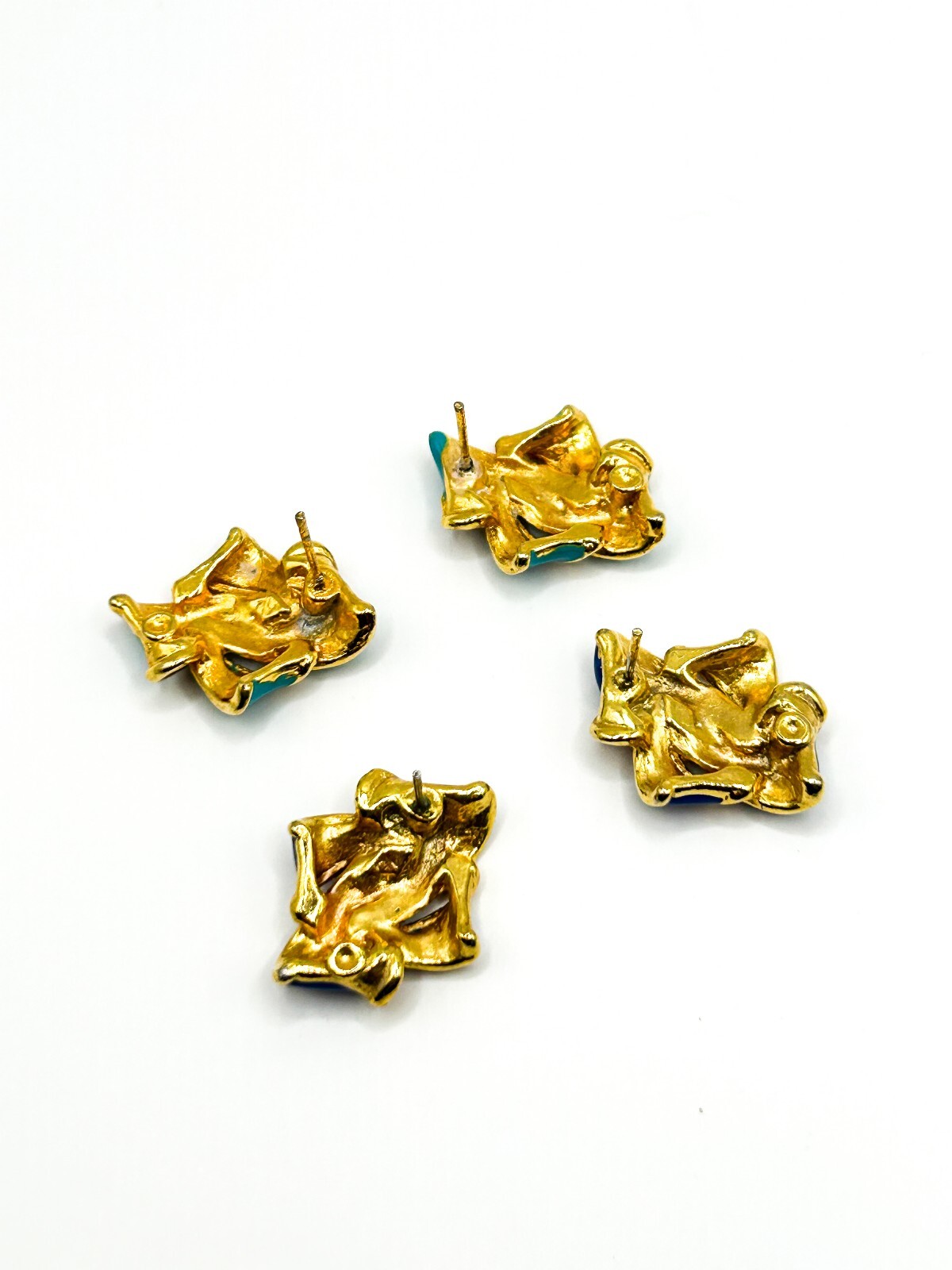 Vintage Blue Enamel Ribbon Knot Stud Earrings Gold Tone Cobalt Turquoise