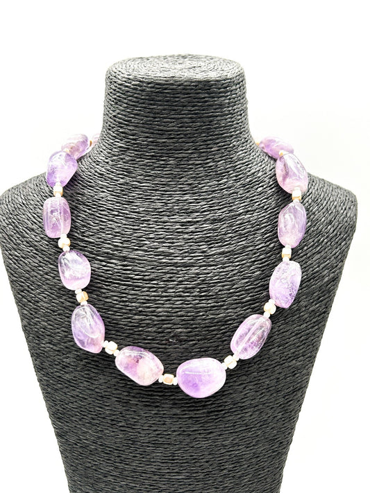 Amethyst Gemstone Nugget Necklace Artisan Purple Crystal Toggle 20”