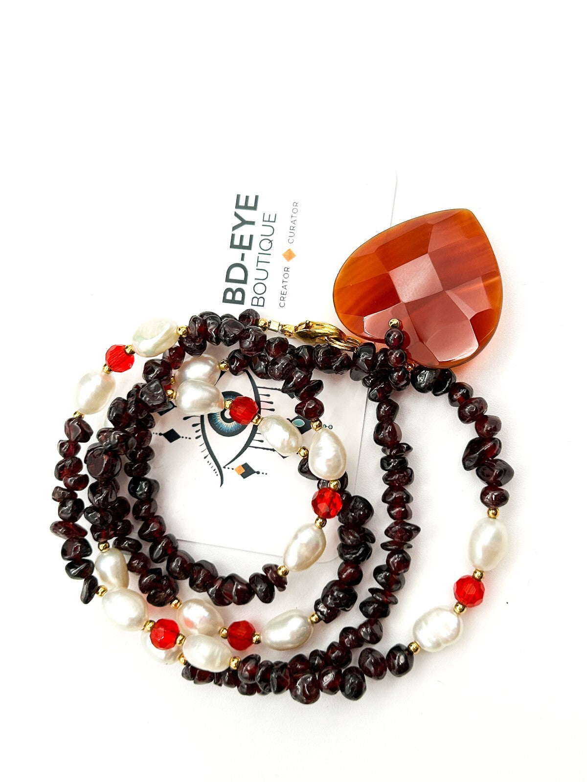 Long Garnet Necklace Freshwater Pearls Carnelian Heart Pendant Gemstone