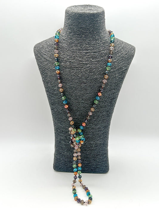 Vintage Multicolour Faceted Crystal Glass Necklace Hand Knotted Rainbow 23"
