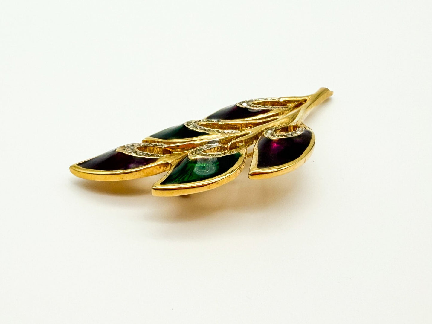 Gold Tone Purple Green Enamel Floral Spray Brooch Rhinestone Leaf Pin