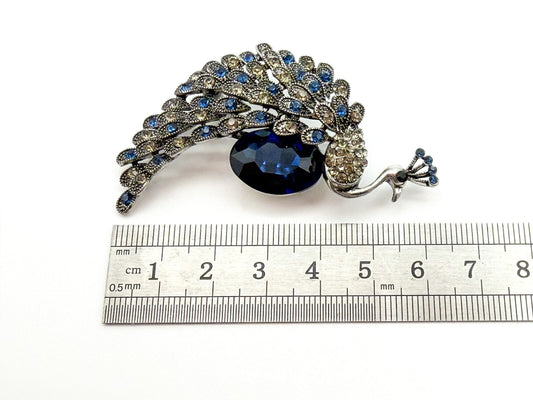 Peacock Rhinestone Brooch Blue Faceted Glass Bird Pin Silver Tone Statement