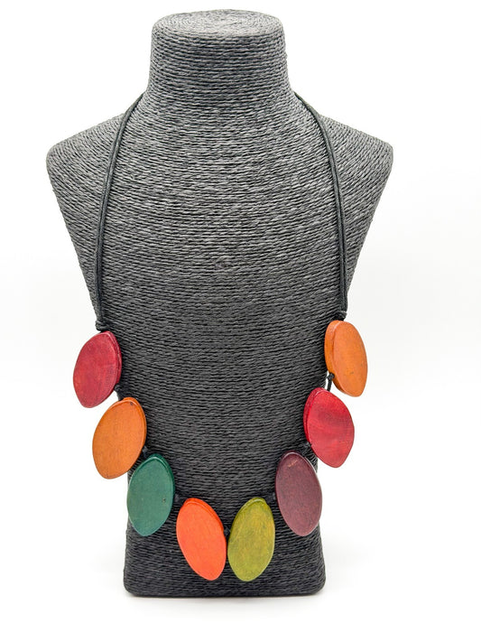 Chunky Wood Statement Necklace Boho Dyed Oval Beads Adjustable Green Orange Red