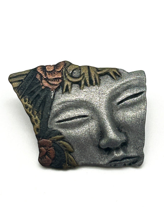Vintage Pewter Face Brooch Floral Flower Headdress Oriental Pin Abstract Art