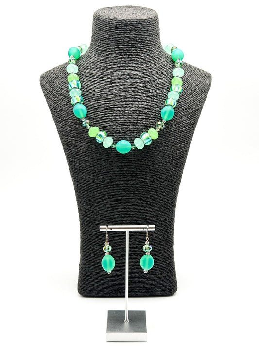 Frosted Green Glass Necklace Earrings Set Lampwork Beads Toggle Clasp Statement