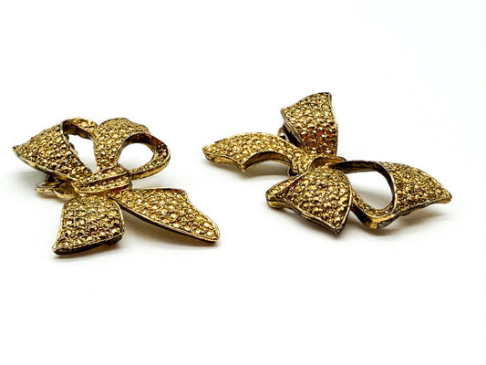 Vintage Gold Tone Bow Clip On Earrings Textured Statement 1980s Style
