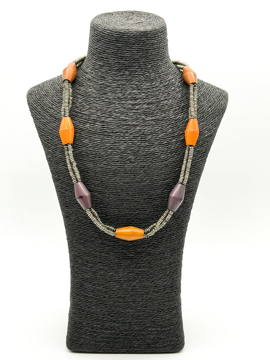 East Triple Strand Statement Necklace Silver Tone Coiled Beads Acrylic Bicone