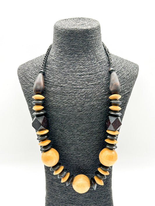 Vintage Black Beige Wooden Bead Necklace Long Chunky Bohemian Statement Retro