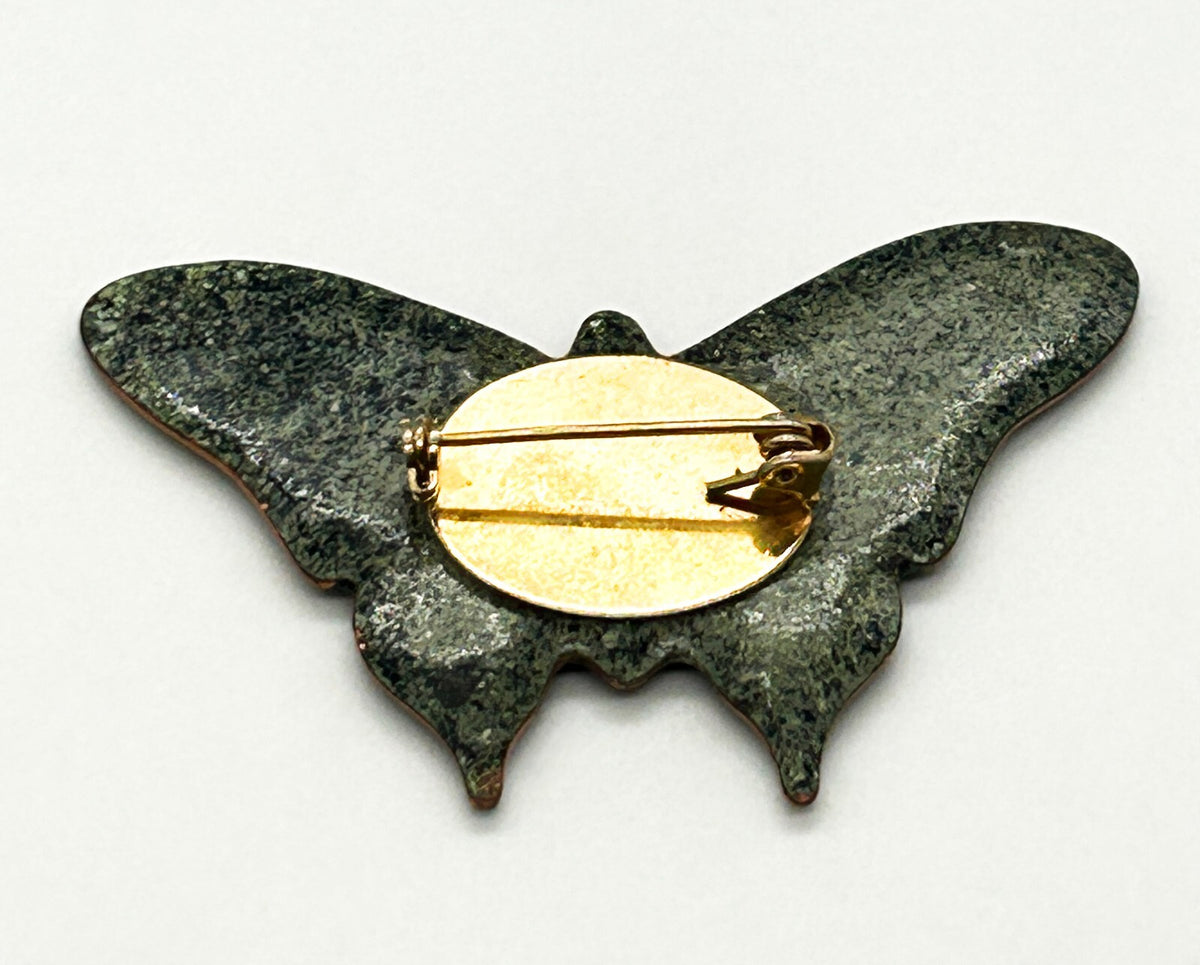 Vintage Glazed Ceramic Enamel Butterfly Brooch Amber Black Red Statement Pin