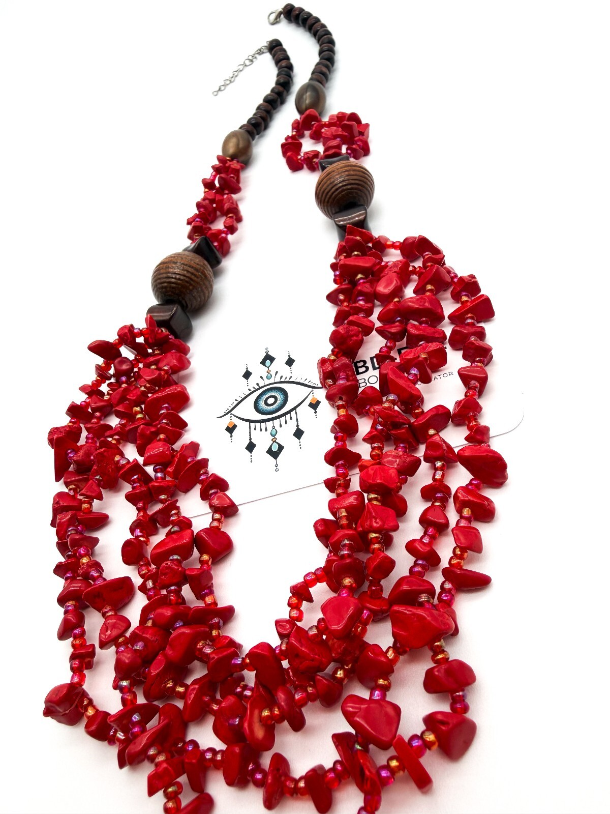 Red Coral Chip 5 Strand Necklace Wood Beads AB Glass Seed Beads 26” Statement
