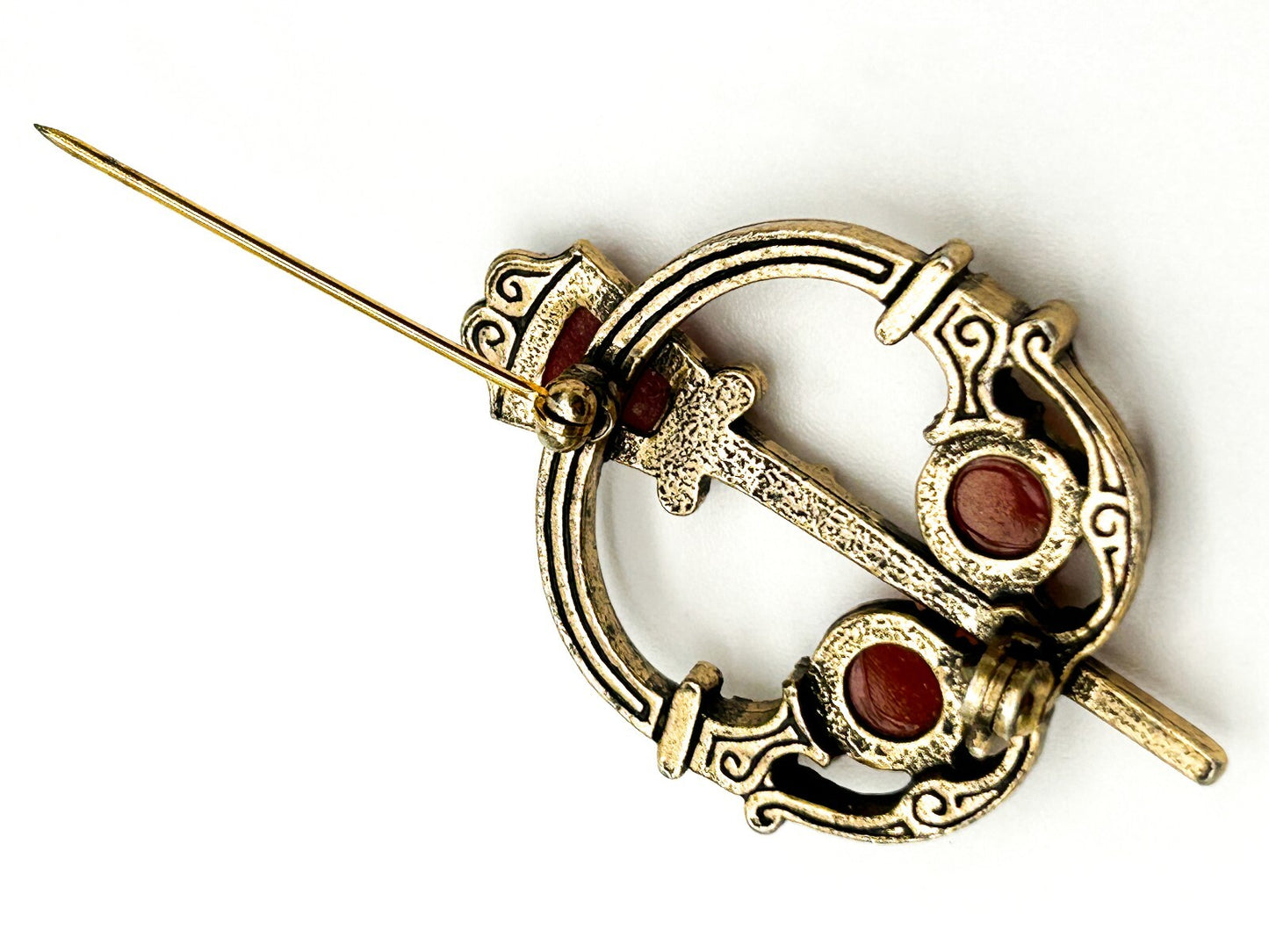 Vintage Celtic Penannular Brooch Faux Carnelian Glass Gold Tone Scarf Pin