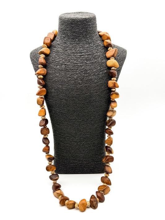 Vintage Wood & Tagua Nut Statement Necklace Long Boho Natural Wooden Beads
