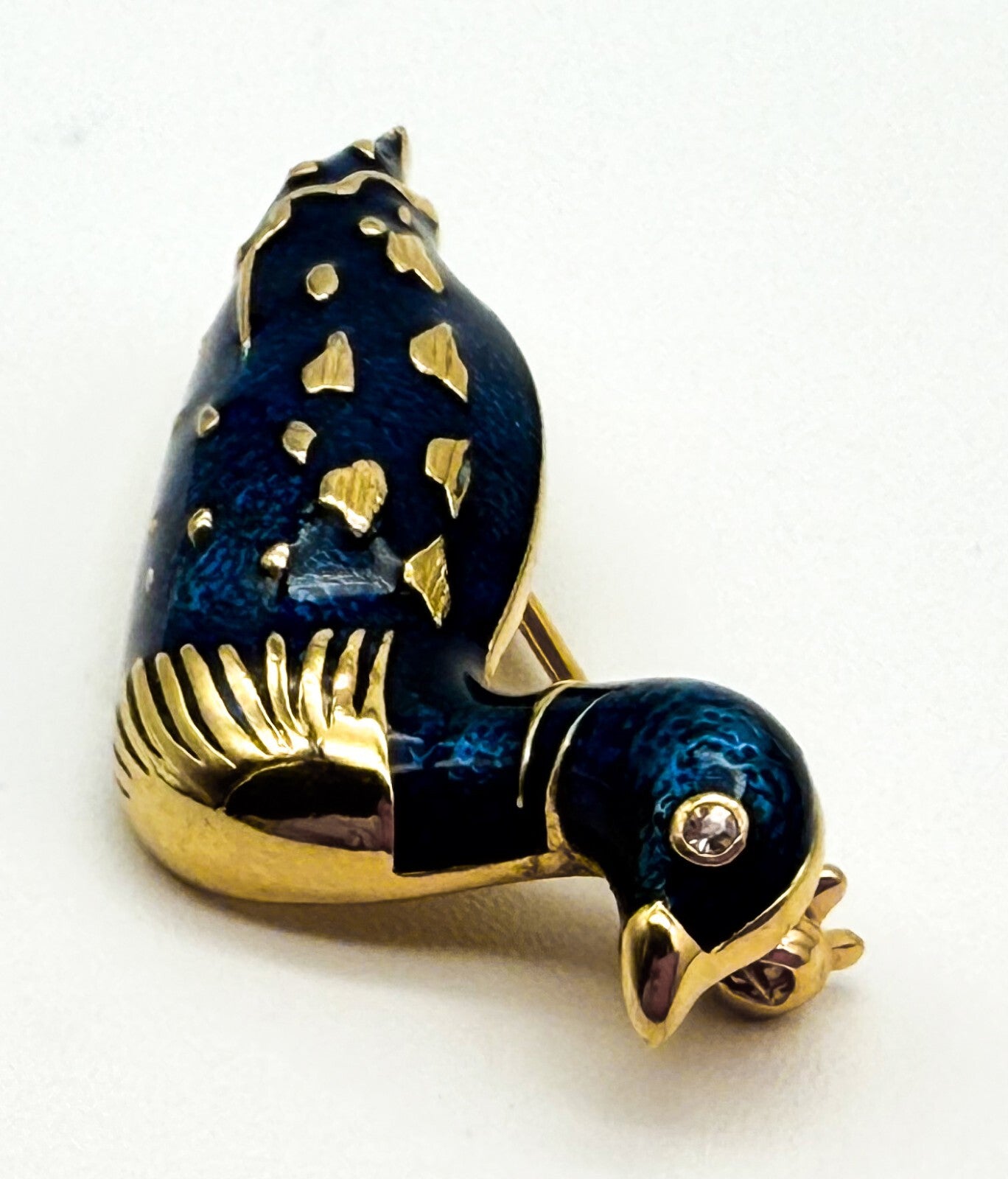 Vintage Blue Enamel Duck Bird Brooch Gold Tone Rhinestone Eye Pin