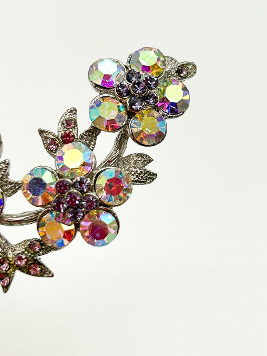 Vintage Aurora Borealis Rhinestone Floral Spray Brooch Silver Tone Flower Pin