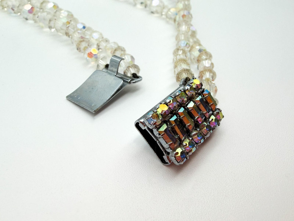Vintage Aurora Borealis Crystal Necklace 2 Strand AB Glass Rhinestone Clasp 19"