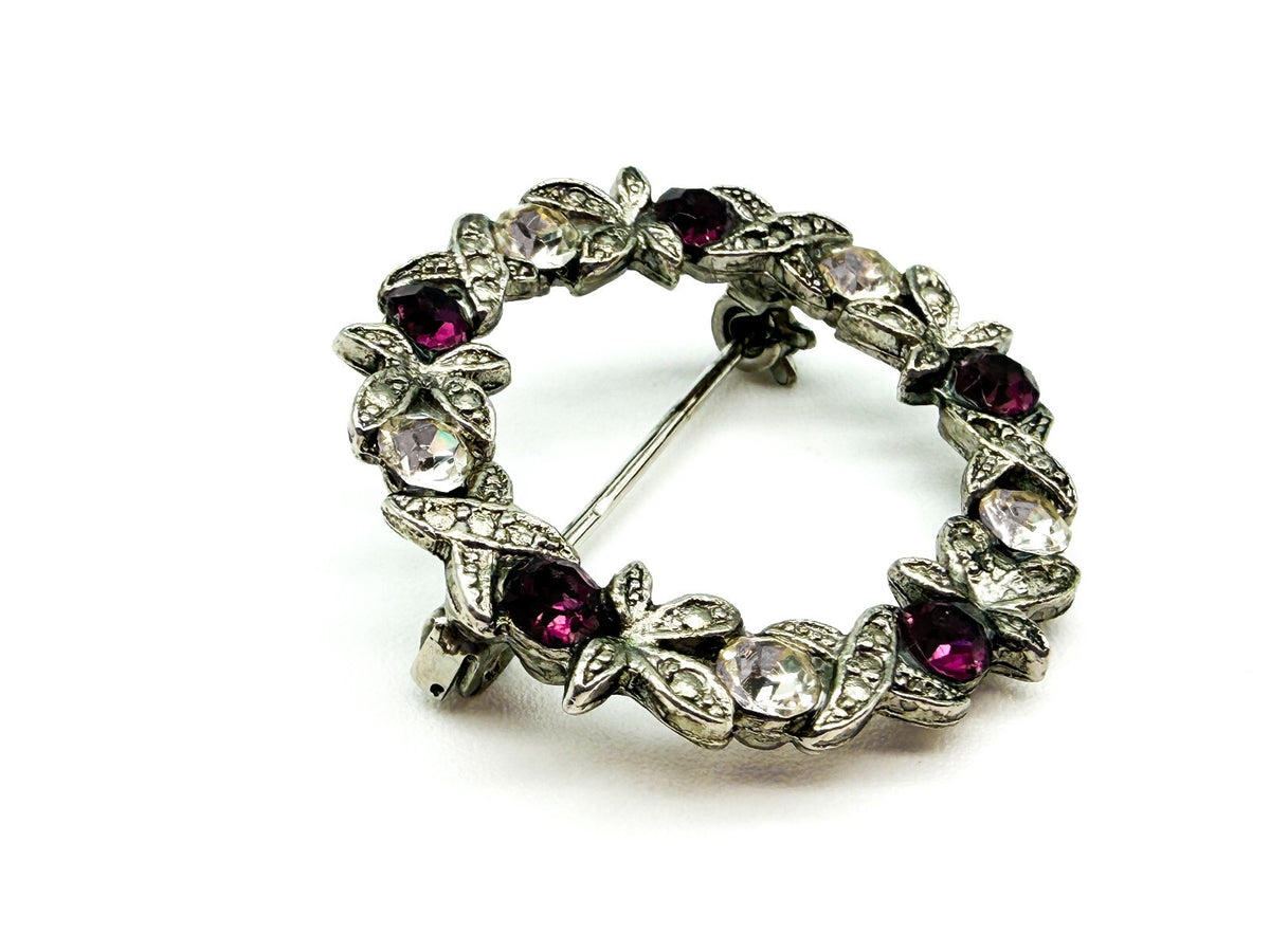 Vintage Purple & Clear Rhinestone Wreath Brooch Silver Tone Floral Pin