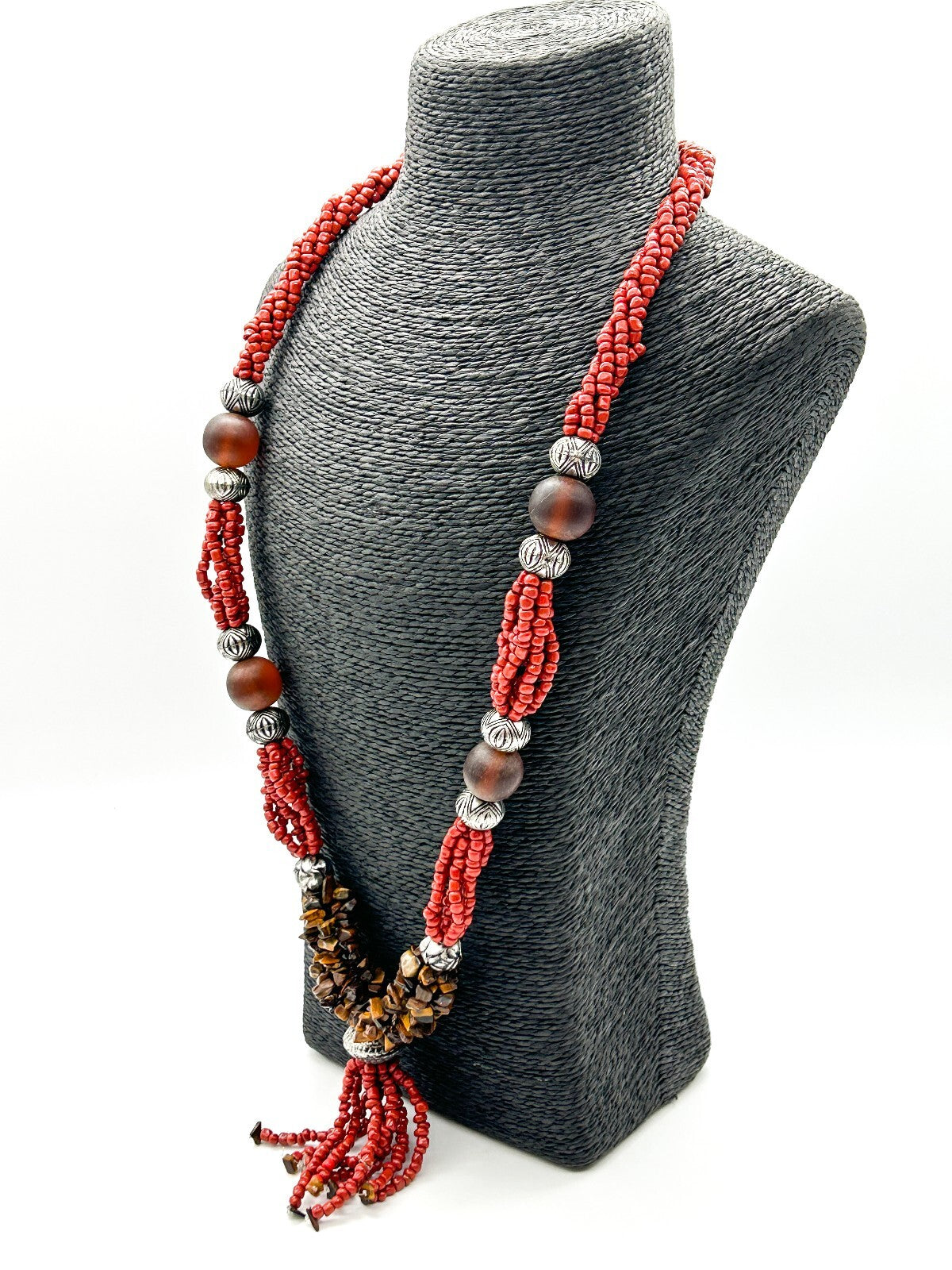 Vintage Tiger’s Eye Amber 6 Strand Tassel Necklace Red Glass Boho Statement