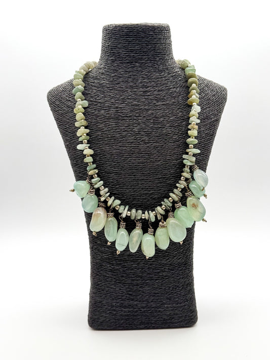 Vintage Green Aventurine Gemstone Fringe Necklace Large Nugget Drops 23” Chunky