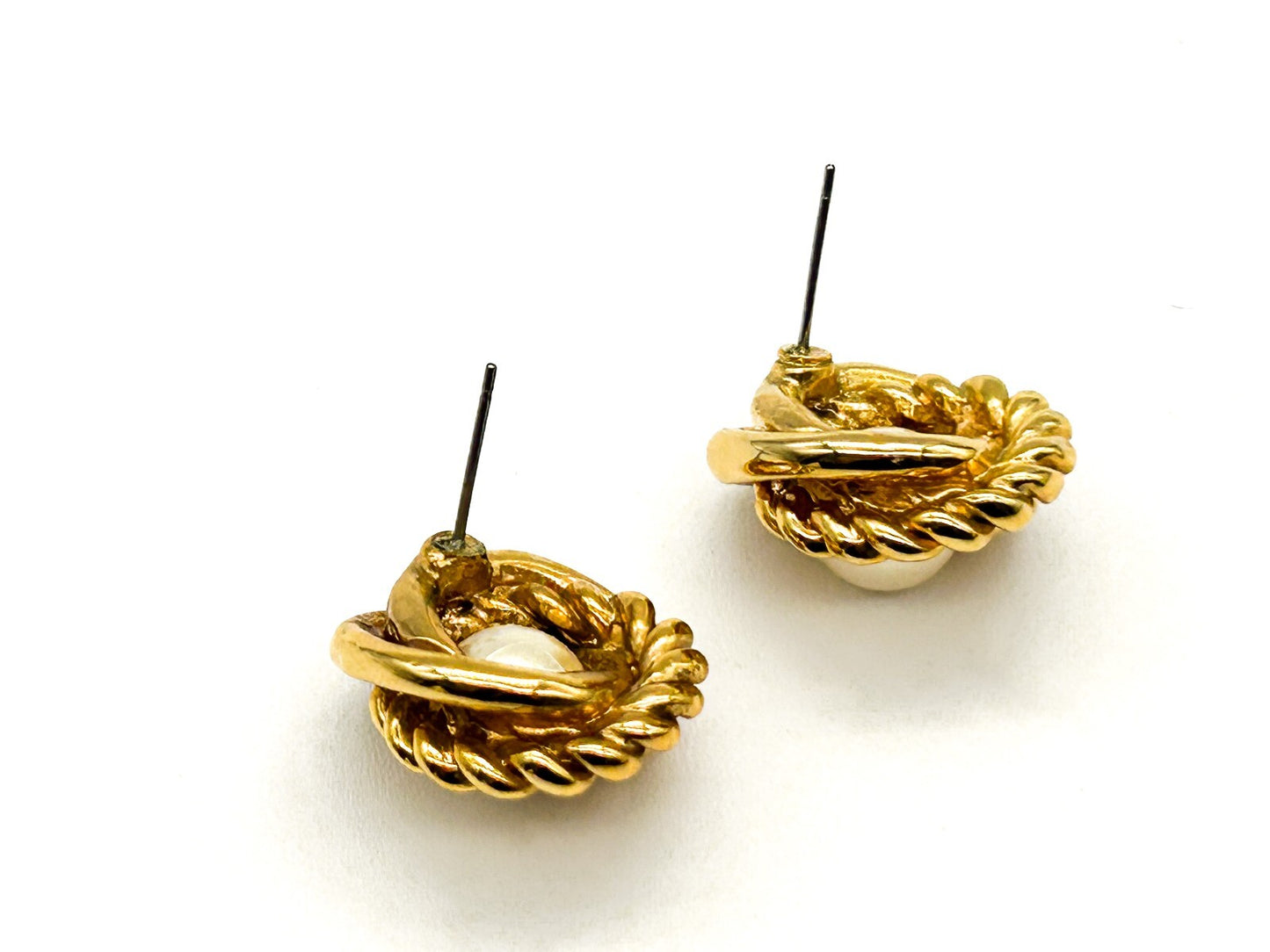 Vintage Gold Tone Faux Pearl Knot Stud Earrings Rope Effect Statement Posts