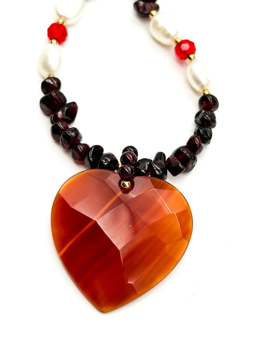 Long Garnet Necklace Freshwater Pearls Carnelian Heart Pendant Gemstone