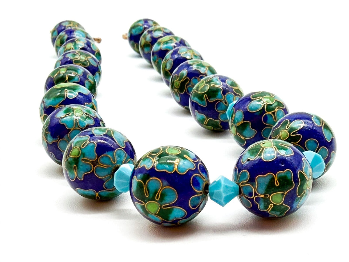Cloisonné Enamel Bead Necklace Blue Green Floral Artisan Toggle Statement
