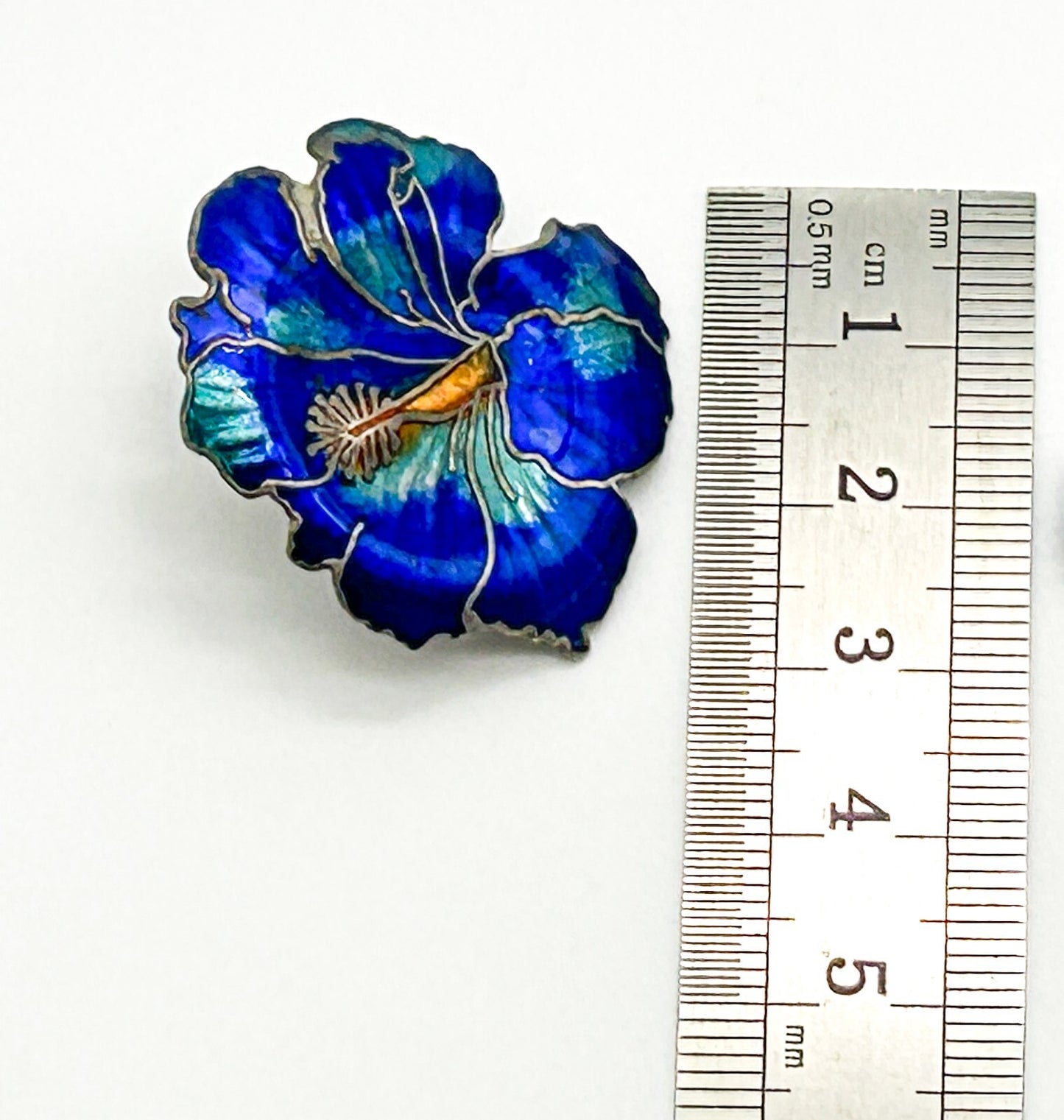 Vintage Cobalt Blue Hibiscus Cloisonné Enamel Flower Statement Stud Earrings