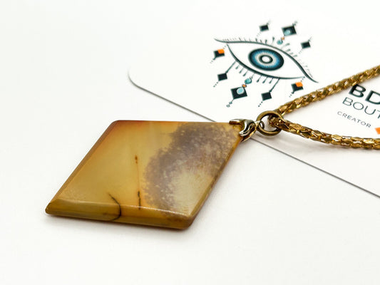 Vintage Polished Jasper Pendant Necklace Gold Tone Chain Natural Stone 25”