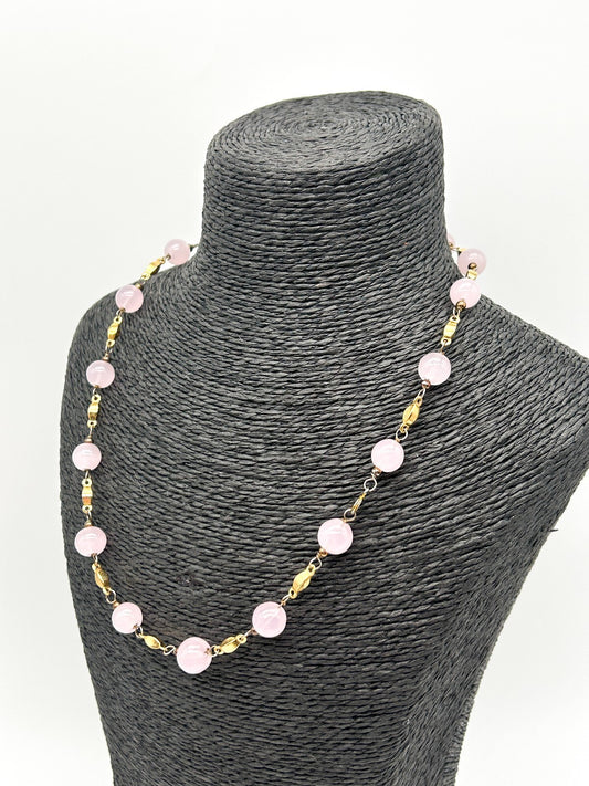 Vintage Pastel Pink Glass Bead Necklace Gold Tone Station Necklace 20”