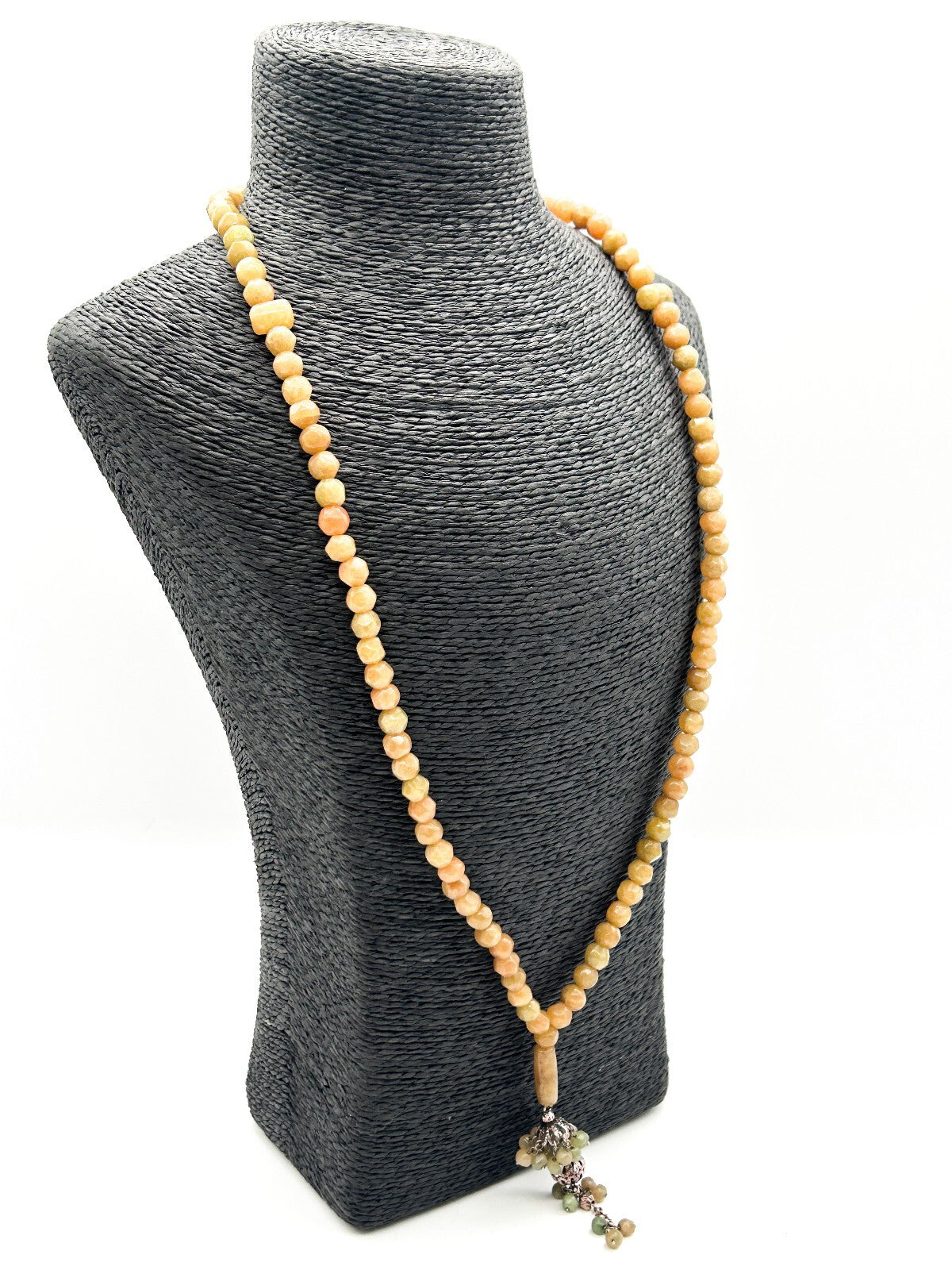 Vintage Yellow Jade Beaded Necklace Green Jade Tassel Pendant Gemstone