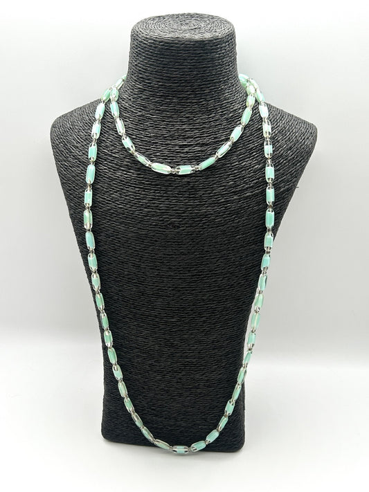 Vintage Czech Givre Glass Necklace Spearmint Blue Green Beads Long 23.5”
