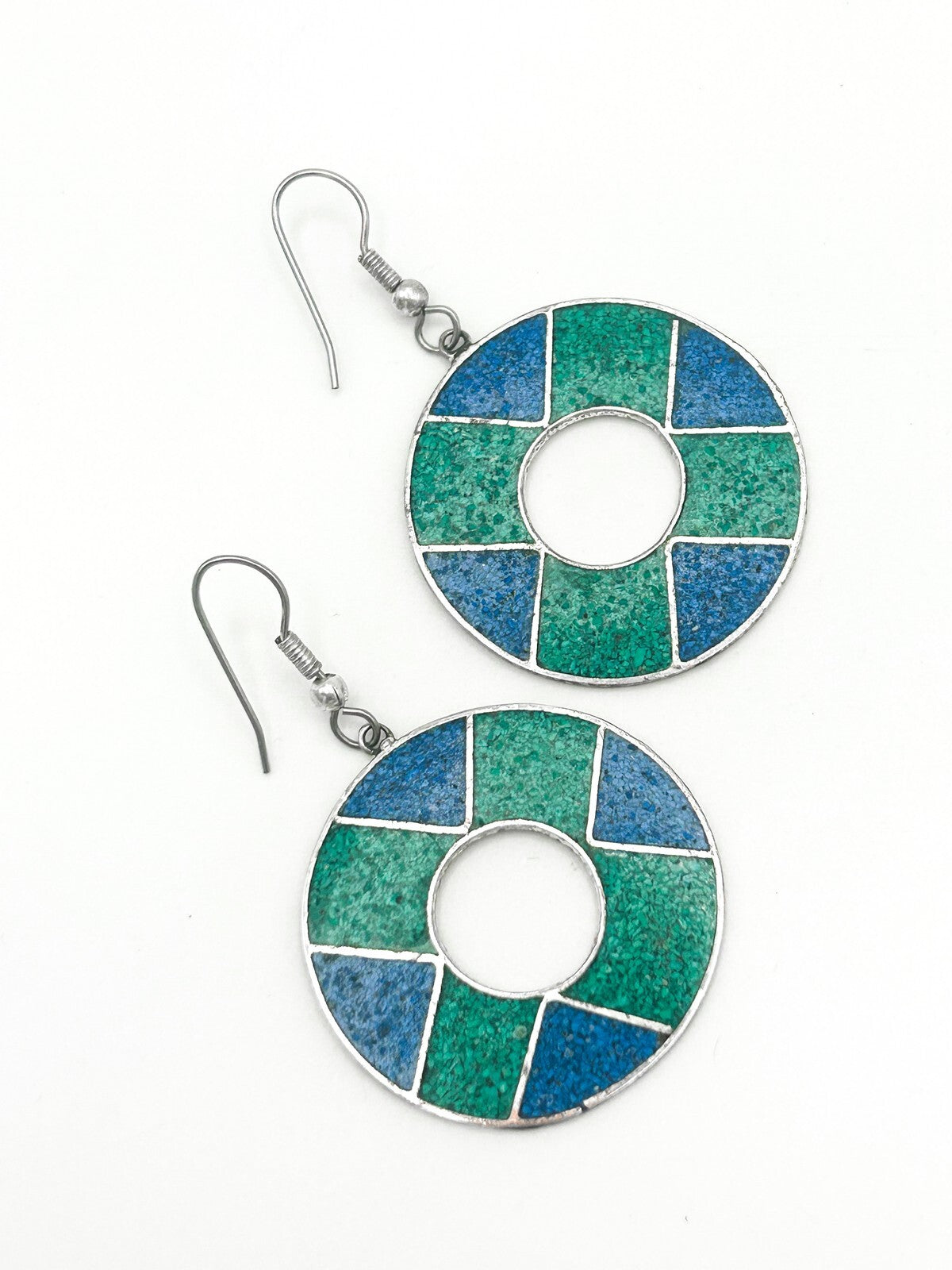 Mexico Alpaca Green & Blue Mosaic Donut Earrings - Turquoise Silver Tone