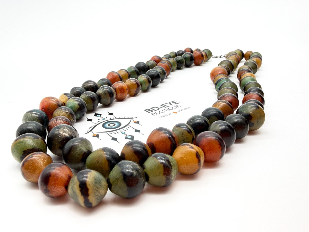Vintage Double Strand Multicolour Acrylic Beaded Necklace Green Orange