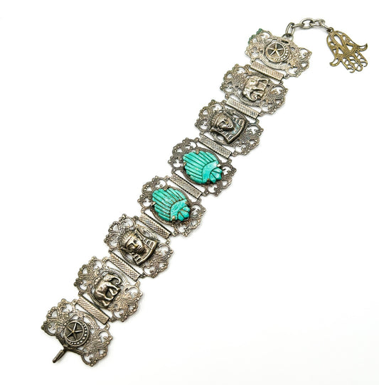 Vintage Egyptian Revival Pharaoh Scarab Panel Bracelet Turquoise Hamsa Tourist
