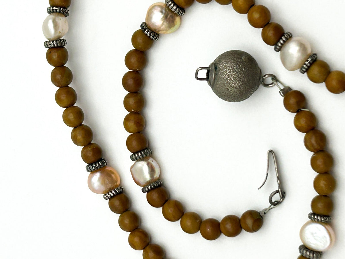 Jasper Pendant Necklace Natural Stone Brown Beaded Freshwater Pearl Earthy 19.5”