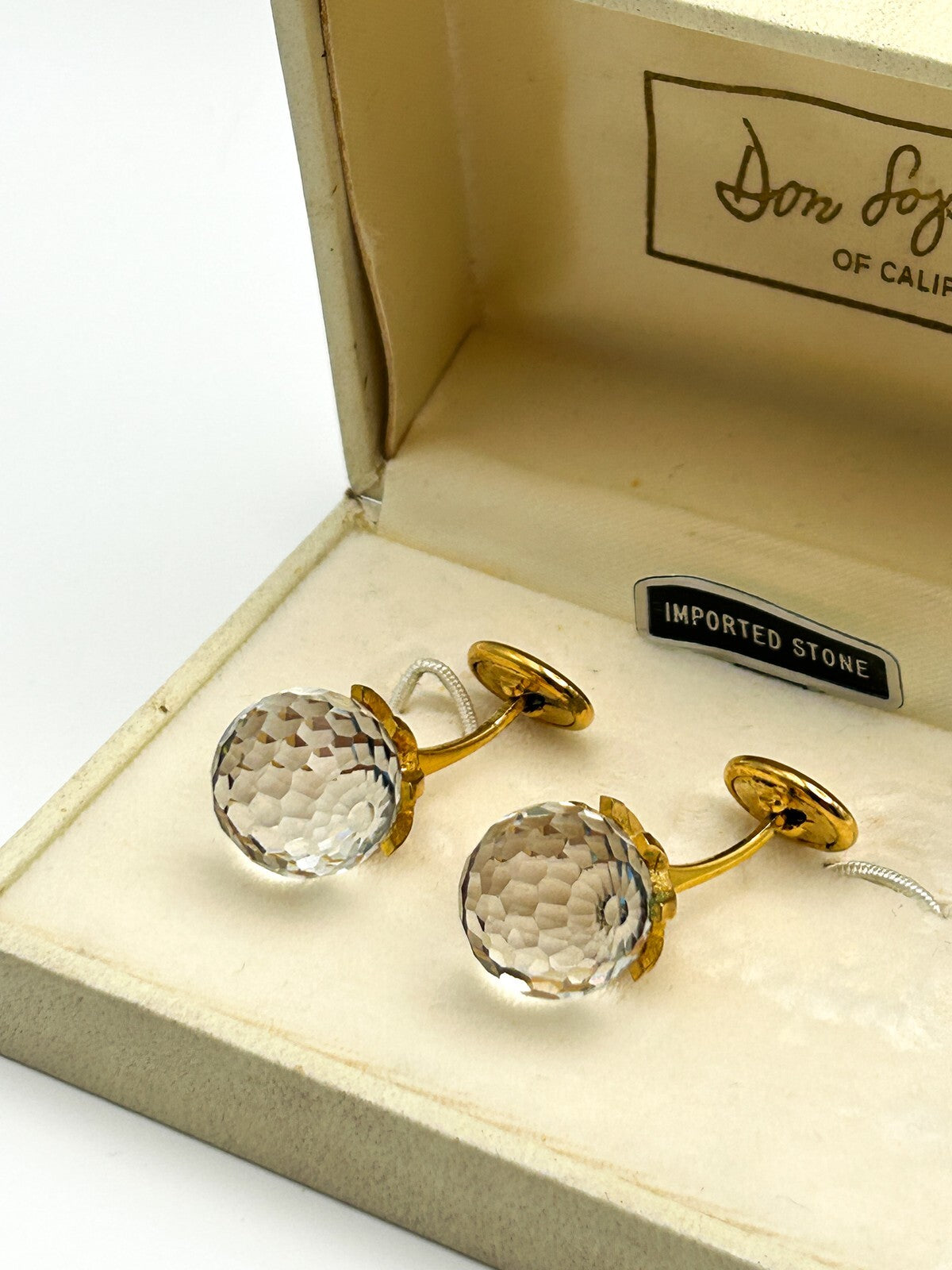Don Loper Rock Crystal Cufflinks Gold Tone Iridescent Colour Shift Vintage Boxed
