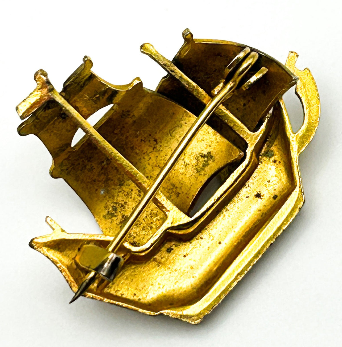 Damascene Ship Brooch Vintage Gold Tone Spanish Toledo Style Sailing Boat Pin