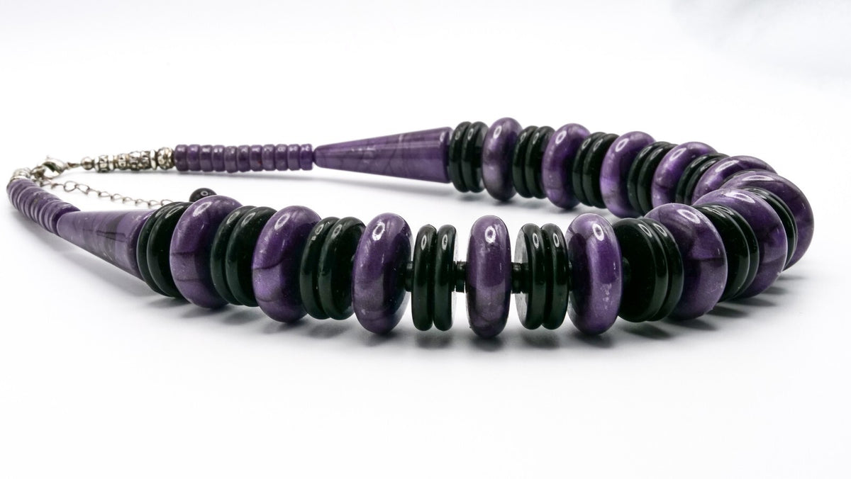 Purple & Black Graduated Disc Statement Necklace | 19”, 89g | 80s style