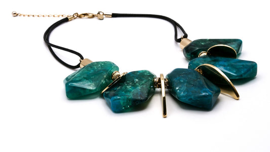 M&S Green, Turquoise & Gold Disc Statement Necklace | 17" + extender