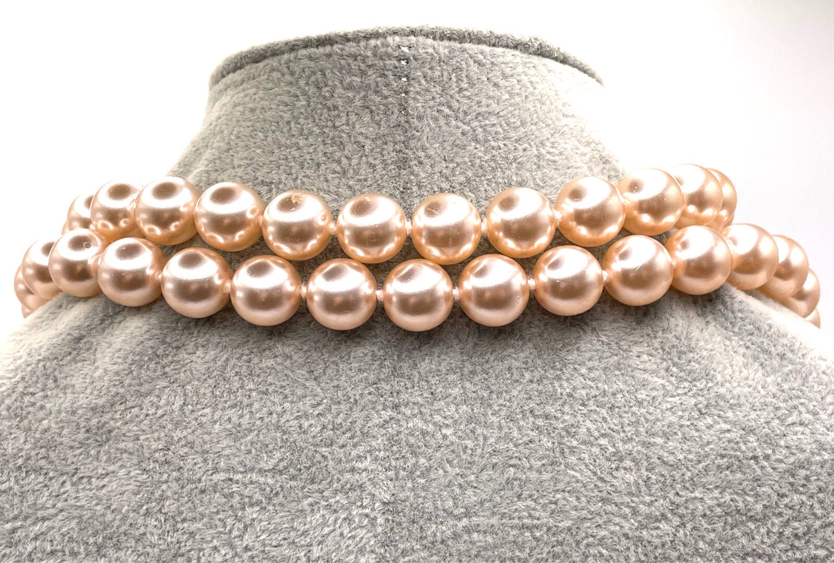 Champagne-Pink Glass Faux Pearl Strand Necklace - Beaded Pale