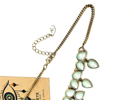 Accessorize Gold Tone Necklace Pale Blue White Teardrop Statement Fringe 15.5”