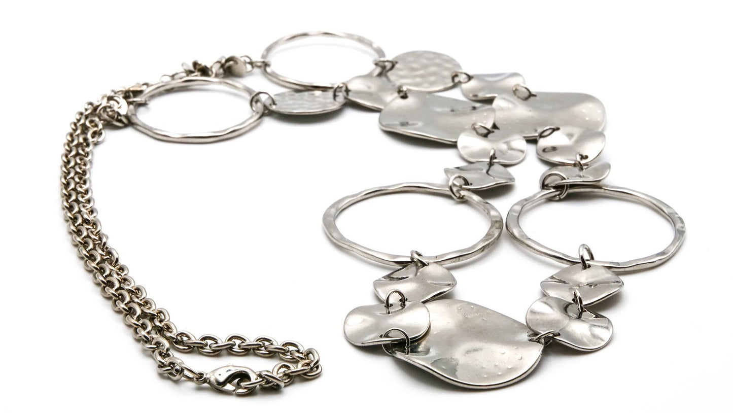 Hammered Disc & Hoop Necklace – Silver Tone