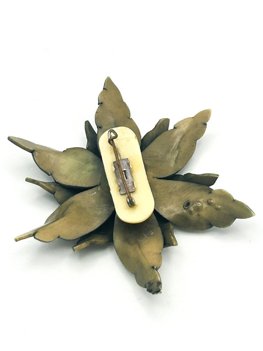 Bakelite 1930s Art Deco Green Flower Brooch Carved Floral Statement