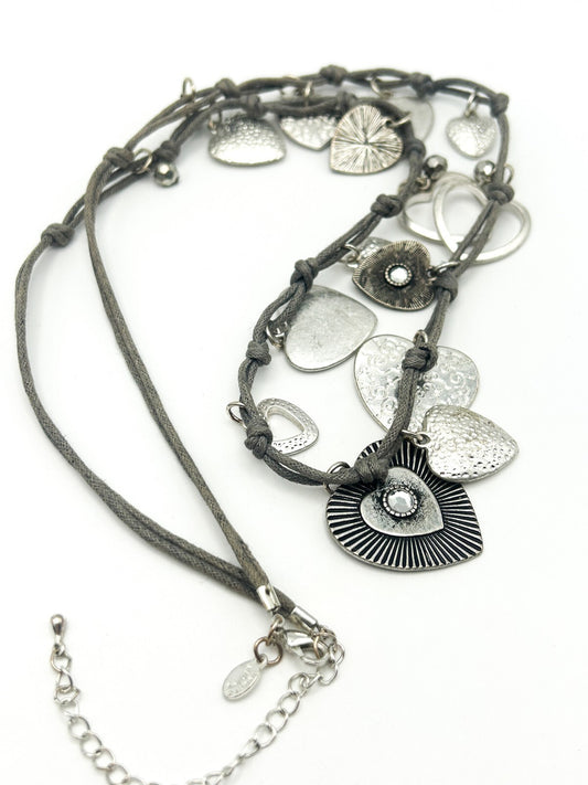 Laura Ashley Silver Tone Heart Charm Necklace on Grey Cord Love Hearts Long