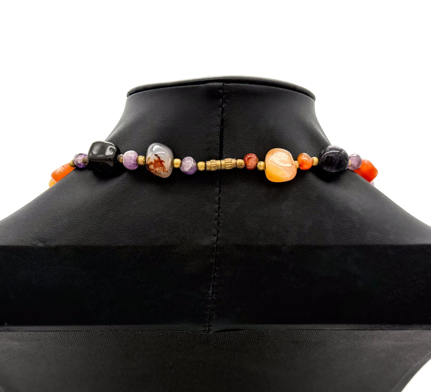 Vintage Mixed Gemstone Bead Necklace Long Multi Stone Agate Onyx Jadeite Quartz